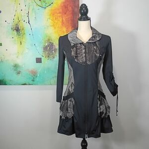 Joseph Ribkoff Chic Black and Gray Pattern Ruched Long Sleeve Zip Dress